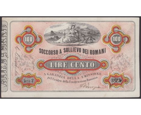 Soccorso a Sollievo dei Romani, Italy, 100 Lire, ND (1867), serial number 1934, Manuscript serial number and signatures inclu