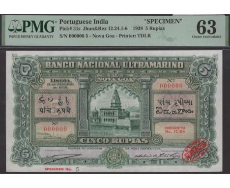 Banco Nacional Ultramarino, Portuguese India, specimen 5 Rupias, 11 January 1938, serial number 000000, Artur Meneses Correia