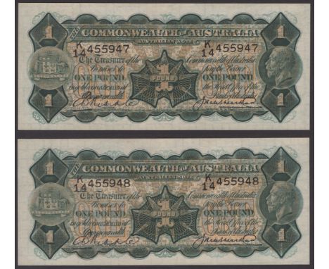 Commonwealth of Australia, £1 (2), ND (1927), consecutive serial numbers K/14 955947-48, Riddle and Heathershaw signatures, l