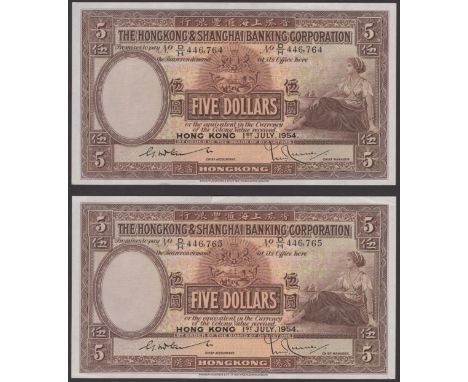 Hong Kong & Shanghai Banking Corporation, $5 (2), 1 July 1954, serial numbers D/H 446763-64, Stewart and Turner signatures, l