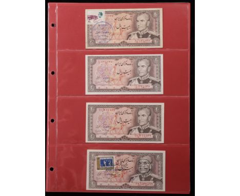 Bank Markazi Iran, a large group of notes with different propaganda stamps, consisting of 20 Rials (27), 100 Rials (6) and 20