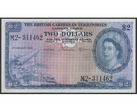 British Caribbean Territories, $2, 2 January 1958, serial number M2-311462, Essex, Waterman and Williams signatures, light ce