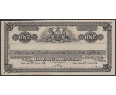 Cape Uniform Series, South Africa, obverse proof for £1, Cape Town, 16 November 1891, no serial number or manuscript signatur