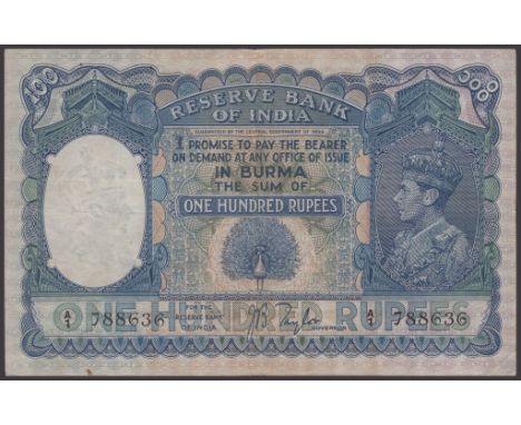 Reserve Bank of India, Burma, 100 Rupees, ND (1939), serial number A/1 788636, Taylor signature, the usual staple holes, bank