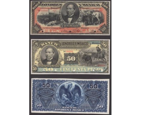 El Banco de Londres y Mexico, obverse and reverse proof on card for a  50 Pesos, September 189- (1899), serial number 00000, 