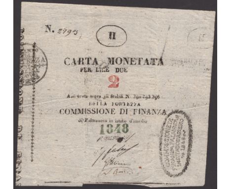 Siege of Palmanova, 2 Lire (2), 1848, serial number 2793 and 4423, four manuscript signatures, spindle hole in each, very fin