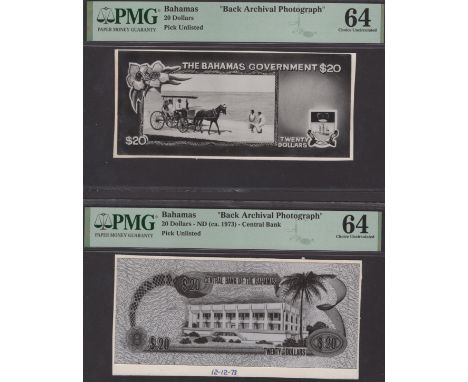 Bahamas Government, reverse archival photographs (3) showing radically different proposed designs for $20, ND (c.1973), also 
