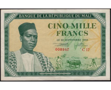 Banque de la Republique du Mali, 5,000 Francs, 22 September 1960, serial number C17 008947, one light central fold, a little 