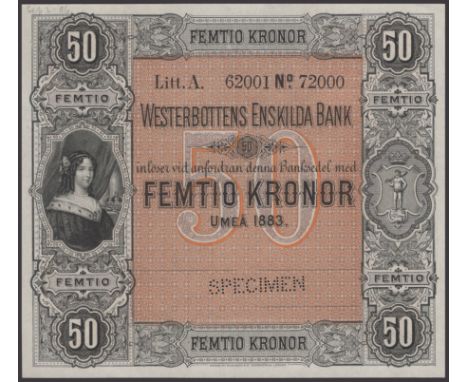 Westerbottens Enskilda Bank, printers archival specimen 50 Kronor, Umea, 1883, serial number A62001 to A72000, portrait of Qu