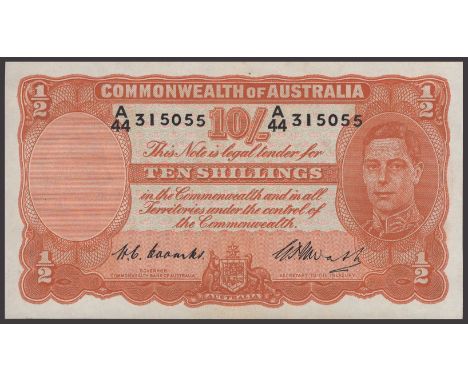 Commonwealth of Australia, 10 Shillings, ND (1939), serial number A/44 315055, Coombs and Watt signatures, light central fold