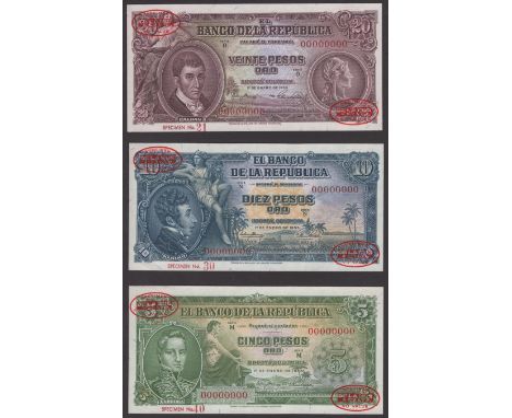 Banco de la Republica, Colombia, specimen 5 Pesos, specimen 10 Pesos and specimen 20 Pesos, all 1 January 1953, serial number