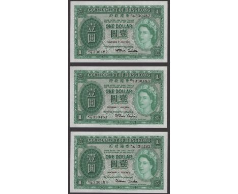 Government of Hong Kong, $1 (5), 1 January 1952, all prefix K/6 (2 consecutive),  Arthur Clarke signature, uncirculated (5 no
