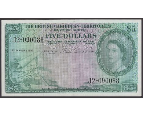 British Caribbean Territories, $5, 2 January 1957, serial number J2-090088, Lartigue, Waterman and Spence signatures, central