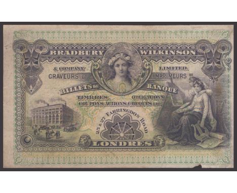 Bradbury Wilkinson advertising Note, a small format promotional note in purple and green and yellow, allegorical maidens and 