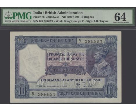 Government of India, 10 Rupees, ND (1917-30), serial number K/7 386627, Taylor Signature, very small stain, in PMG holder 64,