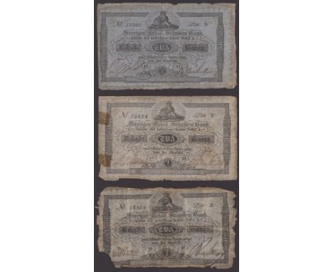 Sveriges Rikes Standers Bank, 32 Skilling (2), 1853, serial number Z 10775, 1858, serial number P85175, also 2 Riksdaler Banc