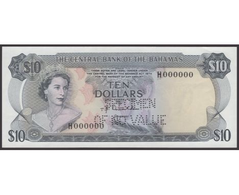 Central Bank of the Bahamas, specimen $10, 1974, serial number H000000, Donaldson signature, perforated SPECIMEN OF NO VALUE,
