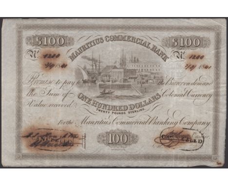 Mauritius Commercial Bank, $100, 3 August 1841, serial number 1288, Houghton and Hugon signatures, two CANCELLED overprints, 