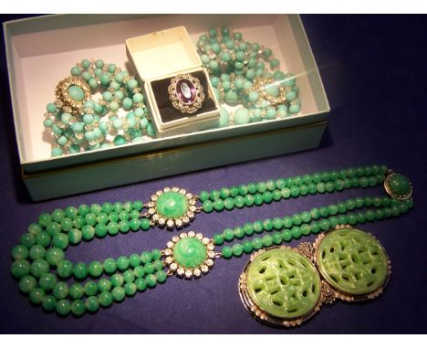 A quantity of Costume Jewellery including simulated jade two-piece buckle, marcasite and stone set dress ring, bead necklace,