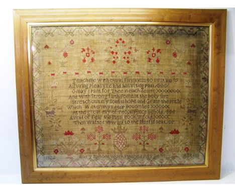 An early 19th century Needlework Sampler by Mary Mahon, July 26th 1822, aged 18, with verse, flowers, animals, etc., within a