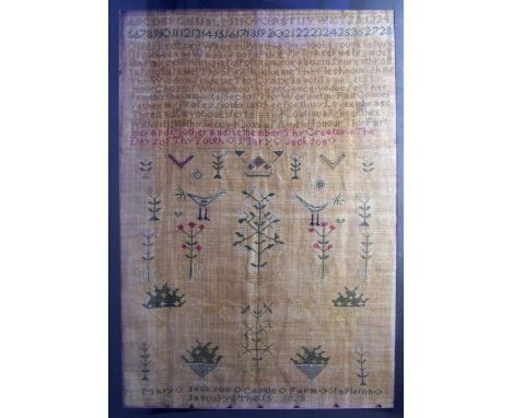 An early 19th Century Needlework Sampler with alphabet, numerals, verse, birds and flowers etc. inscribed 'Mary Jackson, Cast