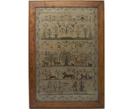 An 18th century Needlework Sampler with alphabet, flowers, sailing ships, animals and trees, inscribed "E Megson, 1780", 16" 