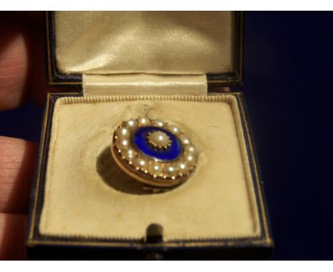 A yellow gold circular Brooch set with a centre natural half pearl within a panel of blue enamel, surrounded by fourteen natu