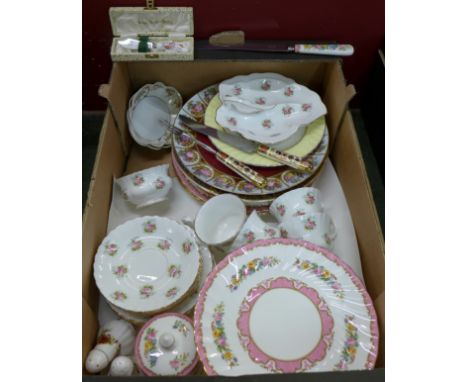 Royal Albert Forget-me-Not teawares, Crown Staffordshire Tunis china, Royal Crown Derby Imari handled knife and fork and othe