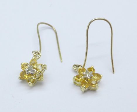 A pair of 9ct gold, citrine and diamond earrings