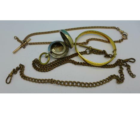 Three Albert chains, a bangle and a sovereign case, case a/f