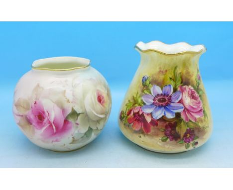 Two Royal Worcester vases, one signed Freeman and a/f, chip to rim, tallest 8cm
