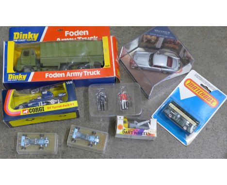 Model vehicles including Dinky Toys Foden Army Truck, Corgi Elf Tyrrell-Ford F1, etc.