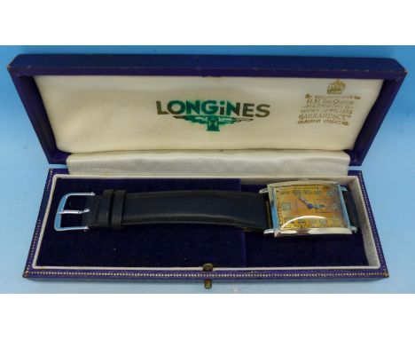 A Longines rectangular cased 18ct gold cased wristwatch, serviced 2017, boxed, the case marked 18KWG, width of case without b
