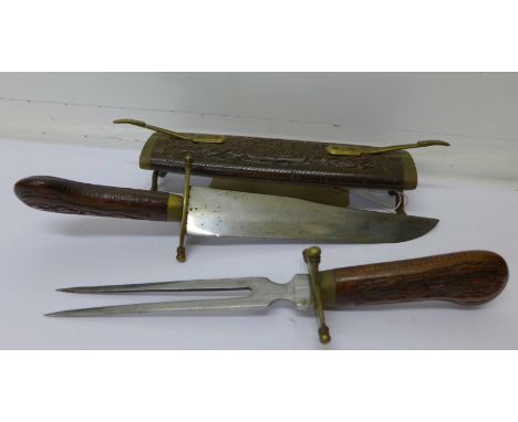 A carved, mounted knife and fork, 44cm