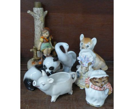 A Lladro figure, two Beswick Beatrix Potter figures, two Goebel figures including a lamp base and two Russian animal figures,