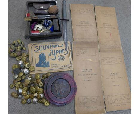 Assorted military ephemera, medals, badges, knife, RAF maps, miniature medals, buttons, a compass, etc.