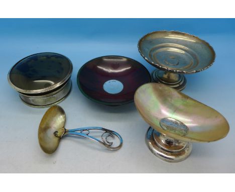 A Charles Horner Bakelite and silver mounted dish, a silver pedestal dish, a/f, a plated trinket, a silver and mother of pear