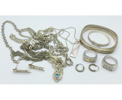 A silver bangle and other silver jewellery, 108g