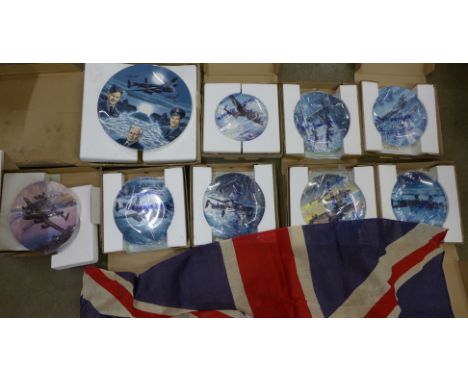Royal Worcester Dambusters collectors plates, nine in total, with certificates and a Union Jack flag
