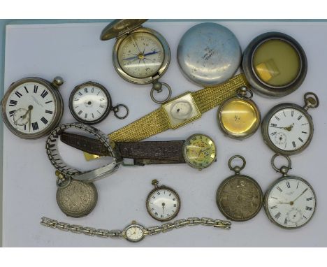 Five silver pocket watch cases, a compass, etc., a/f