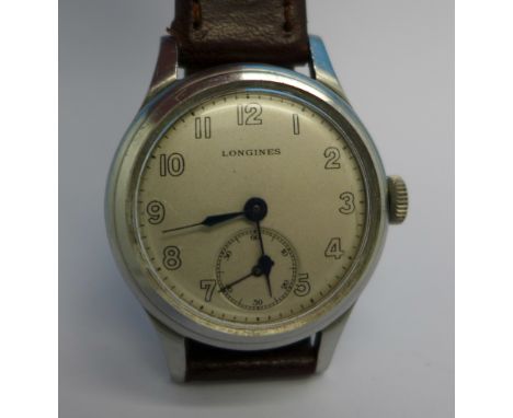 A Longines manual wind wristwatch, the movement numbered 6999820, winding crown missing