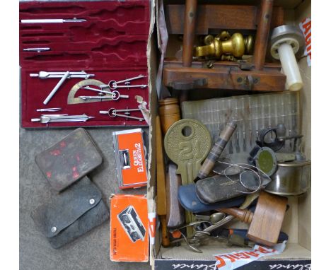 Leather working tools, wooden mallet, pencil sharpener, brass weights, etc.