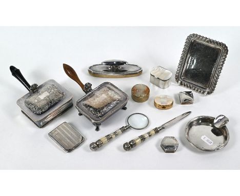 Two small silver pill-boxes, an engine-turned matchbook cover, pin-dish with gadrooned rim and an ashtray, 4.5oz (140g) total