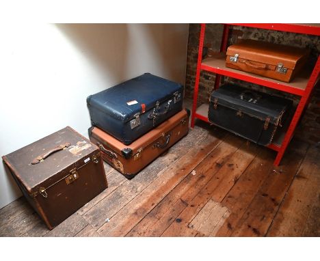 Five various vintage travel cases/trunks including hat/vanity case initialled MMS to sides and with top carry handle, some wi