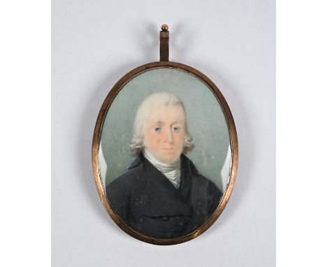 A Regency oval portrait miniature on ivory of a gentleman with white neck cloth and black coat, with ornate hairwork panel to