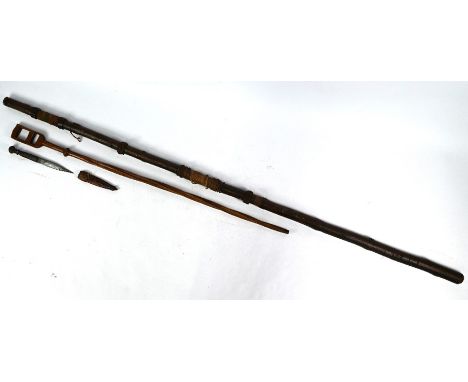 A vintage King Scout's hazel staff with leather, braid and knotwork embellishments, 152 cm, to/w an African carved wood stick