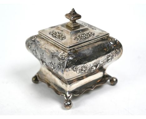 A Victorian silver tea caddy in the Georgian manner, of square baluster form, on ball feet, John Henry Rawlings, London 1890,