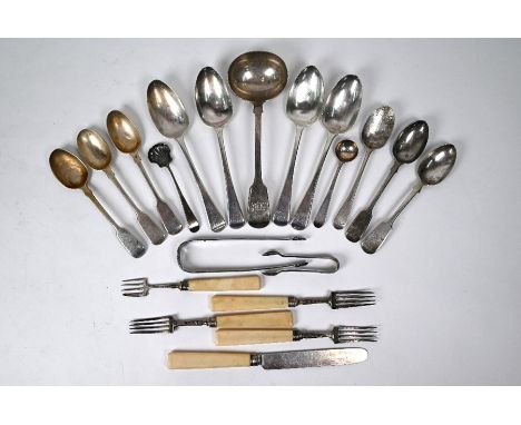 An early Victorian fiddle pattern sauce ladle, Theobald and Atkinson, London 1839, four George IV OEP dessert spoons, Charles