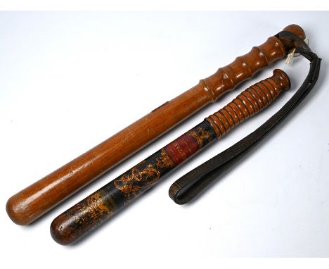 A Victorian turned and painted wood police truncheon inscribed 'Constable' beneath crowned 'VR' cypher, 30 cm to/w a later tr