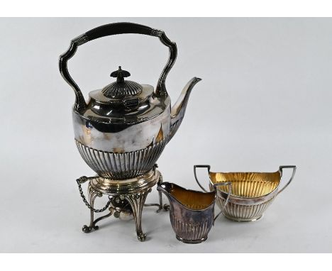 An Elkington Plate half-reeded kettle on stand, to/w a matching milk jug and sugar basin (3)